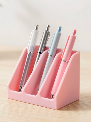 Bright high-key product photography of a pastel pink 3D-printed desk organizer holding pens on a clean wooden desk, soft natural daylight, macro lens, sharp details