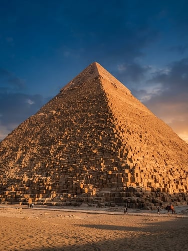 Low-angle shot of the Great Pyramid of Giza at sunrise, towering sandstone blocks casting long diagonal shadows, warm golden light, cinematic framing
