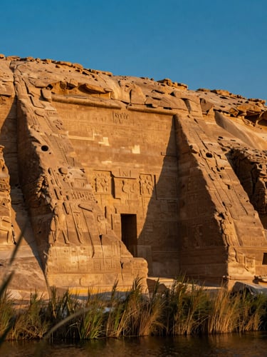 Close-up of textured sandstone ruins along the Nile, warm golden light catching the ancient carvings, with reeds and water softly blurred in the foreground.