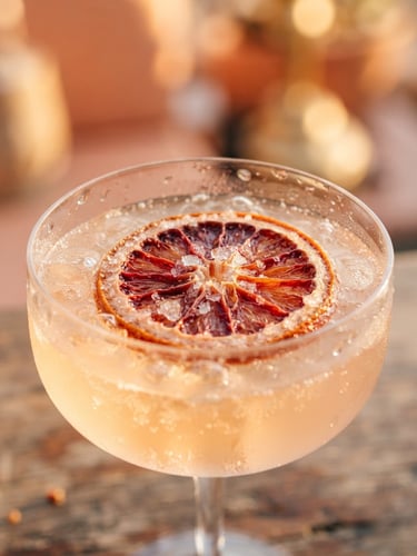 Macro shot of a vibrant dehydrated blood orange wheel floating on a crystal-clear cocktail, warm golden-hour light, soft peach tones, shallow depth of field