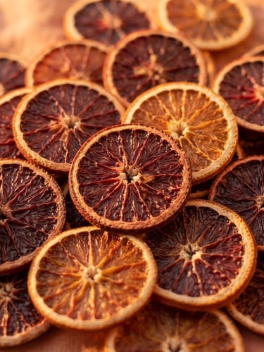 Macro shot of perfectly dehydrated blood orange wheels catching golden hour daylight, warm peach background, professional editorial photography