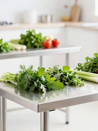 Bright daylight photo of a clean modern prep kitchen, stainless steel tables, fresh green herbs and vegetables neatly arranged