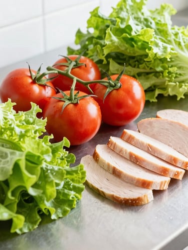 Close-up of fresh crisp green lettuce, vibrant red tomatoes, and sliced turkey breast being neatly arranged on a clean stainless steel kitchen prep table, bright natural daylight