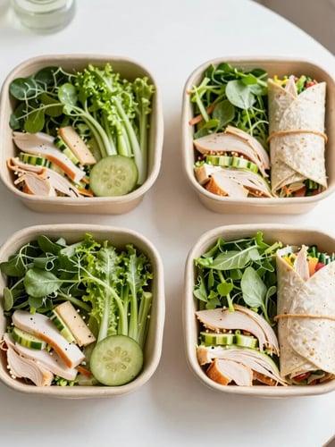 Top-down flatlay of neatly arranged, eco-friendly cardboard boxed lunches on a clean white table, bright natural morning daylight, vibrant green salads and sliced turkey wraps visible, shallow depth of field
