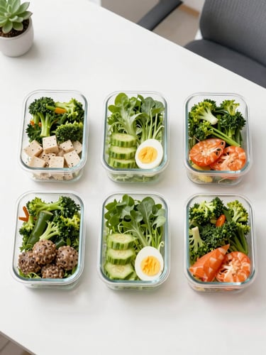 Bright high-key food photography, natural morning daylight, overhead flatlay of neatly organized boxed lunches with crisp greens on a clean white table, modern office background