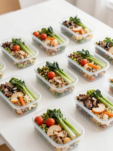 Overhead shot of neatly organized boxed lunches on a clean white table, bright morning daylight, fresh colors