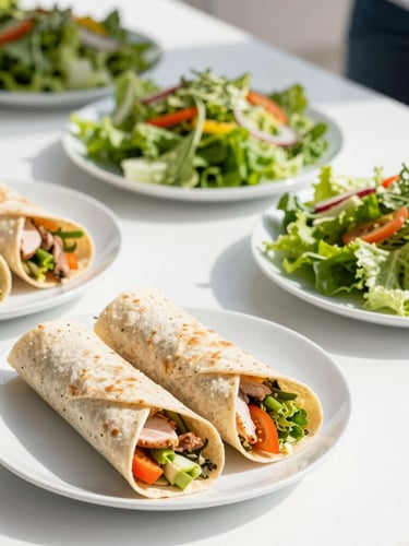 Bright natural daylight portrait shot of a professional catering setup, featuring fresh turkey wrap platters and crisp green salads on a clean white surface with soft shadows.