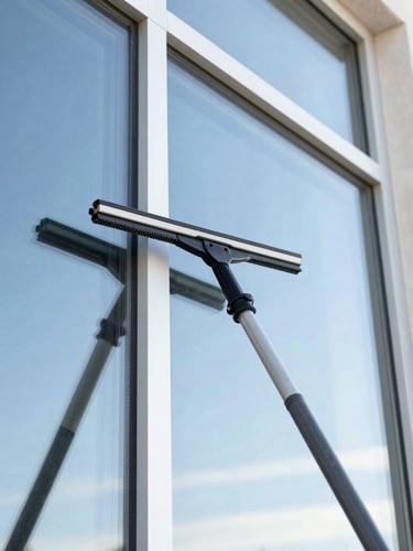 Tight macro shot of professional window washing equipment, clean squeegee wiping a gleaming window pane reflecting a clear blue Arizona sky, bright daylight