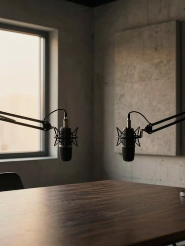 Interior view of a modern content production studio, concrete textures, a minimalist podcast setup with matte black microphone arms, warm window light.
