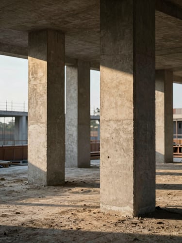 Raw unpolished concrete pillars rising from a dusty building site, harsh afternoon light casting long geometric shadows, 35mm lens.