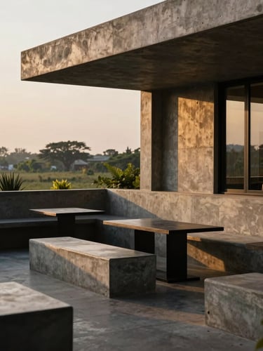 An open-air terrace lounge at golden hour, concrete benches, minimal green landscaping against a warm Bengaluru sky, deep shadows.