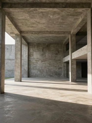 Wide-angle architectural interior of a brutalist villa, raw concrete columns, dramatic sunlight casting sharp geometric shadows across a sand-colored floor, expansive negative space.
