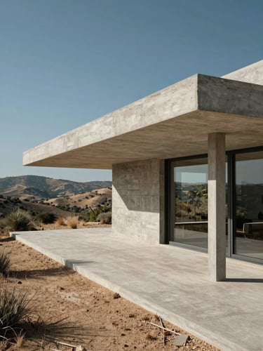 One-point perspective architectural elevation of a raw concrete villa integrated into a dry Mediterranean hillside, harsh midday shadows casting dramatic geometric shapes, low horizon.
