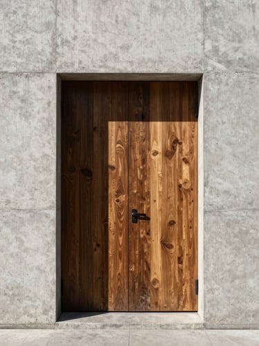 A sharp architectural elevation of a raw concrete wall, harsh midday sunlight casting a deep geometric shadow across a massive unpolished timber door.