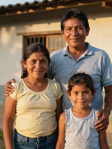 Warm editorial portrait of a Honduran family standing together outside their home in rural Honduras, soft golden-hour sunlight, authentic smiles, rich natural tones, shallow depth of field