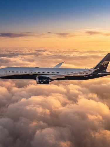 A modern commercial airplane in flight above a soft layer of clouds, caught in the golden hour light, clean side perspective, premium editorial travel photography.