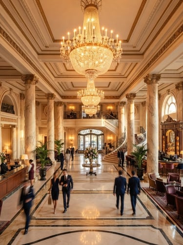 Warm golden-hour architectural perspective of a luxury hotel lobby with high ceilings, marble columns, and glowing chandeliers, professional interior photography