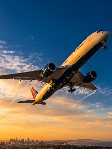 Low-angle dramatic shot of a modern commercial airplane ascending into a golden-hour sky, warm sunlight catching the fuselage, deep blue sky gradient, premium editorial travel photography style