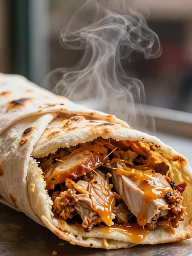 Close-up of a tightly wrapped chicken döner dürüm cut in half, steam rising from the crispy lavaş, rich golden tones, warm street food aesthetic.