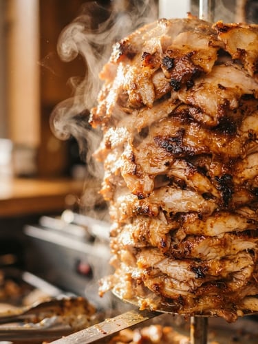 Close-up of glistening, freshly sliced chicken döner rotating on a vertical spit, warm golden-brown meat textures, soft steam rising, professional food photography style