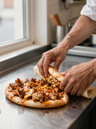 A chef carefully preparing fresh chicken döner on a clean steel counter, wrapping warm gobit bread, natural window lighting, clean modern street-food kitchen