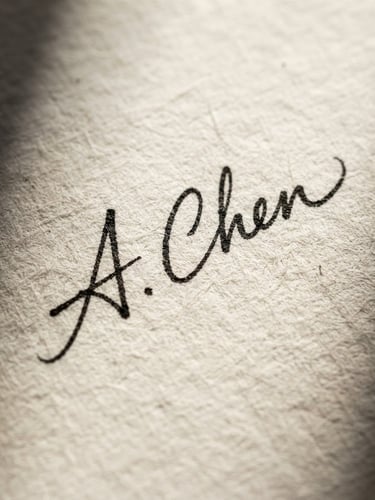 Macro lens shot of a hand-drawn minimalist black ink signature on textured warm off-white paper, dramatic high-contrast side lighting, soft shadows.