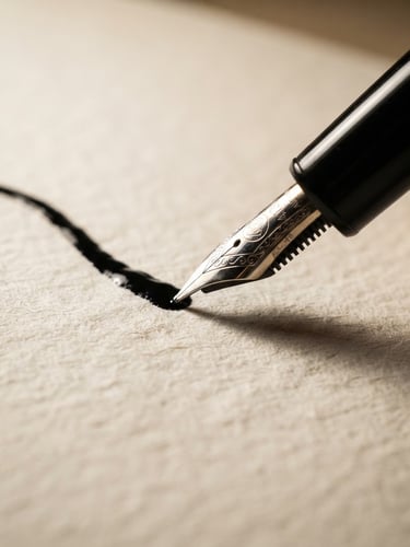Macro close-up of a luxury black fountain pen drawing a single clean ink stroke on textured warm off-white paper, dramatic side lighting, sharp focus on ink texture, minimalist studio setting