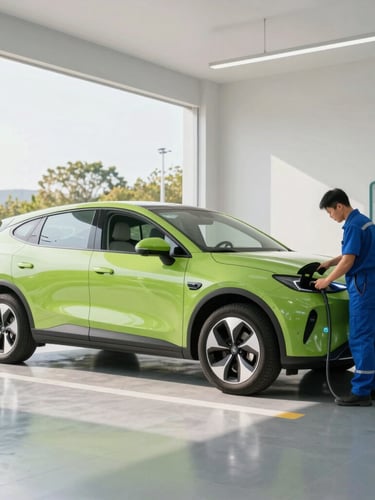 Wide shot of a modern electric cab charging, with a technician checking the tires in a clean, well-lit depot under bright morning daylight, emphasizing maintenance.