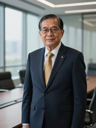 A professional portrait of a senior Indonesian law partner in sharp corporate attire, modern executive boardroom background with soft architectural glass lines, cool morning light, shallow depth of field, 35mm