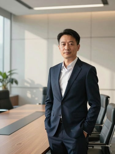 A partner in sharp corporate attire standing in a modern executive boardroom, cool morning light, professional portrait with shallow depth of field, premium editorial photography