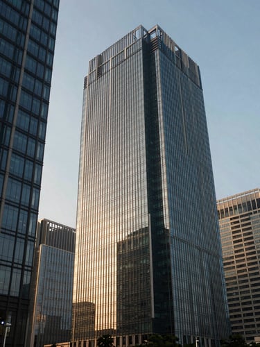 Wide-angle editorial corporate photography of modern high-rise glass architecture in Jakarta, cool morning architectural light, deep navy and champagne gold tones, sharp focus, 35mm
