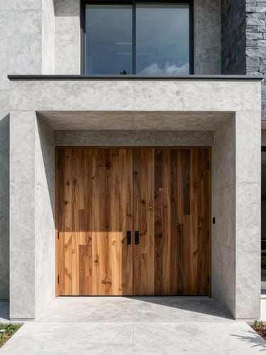 Straight-on architectural photograph of a completed modern residential space, featuring clean lines, concrete walls, custom woodwork, cool slate tones, bright daylight.