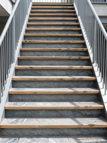 Straight-on architectural photograph of a modern steel and oak staircase transition, sharp focus, cool slate tones, bright natural daylight