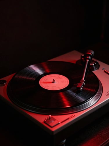 Dark high-contrast editorial photography of a vintage vinyl turntable rotating under a harsh crimson spotlight, deep shadows, grainy 35mm film texture