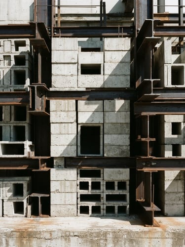 Straight-on clean architectural photography of stacked concrete blocks and steel sections under bright natural daylight with sharp geometric shadows, neutral industrial tones, 35mm