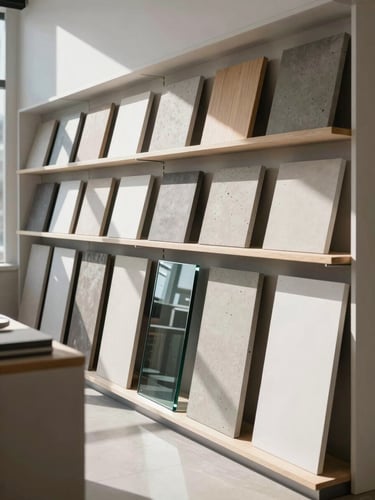 Bright natural daylight illuminating a spacious architectural material showroom, display racks with neatly organized samples of concrete, timber, and glass, sharp geometric shadows, clean minimalist composition, 35mm