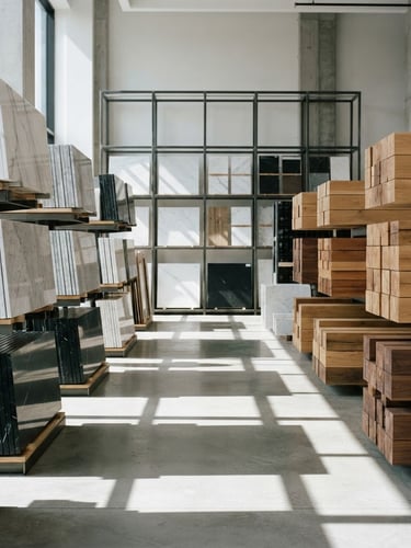 Straight-on architectural photography of organized stacks of premium marble tiles and structural timber inside a bright, daylight-filled modern showroom, sharp geometric shadows, neutral industrial tones, 35mm