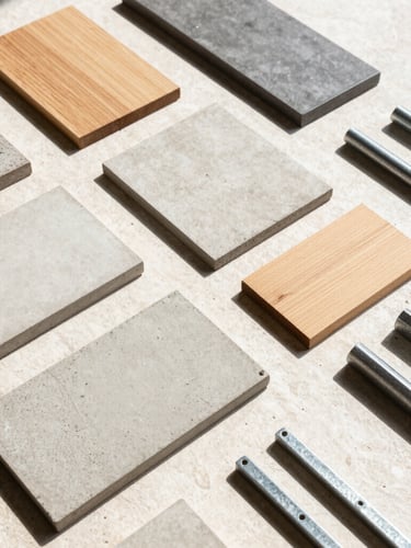 Orthogonal flat-lay of architectural material samples, concrete tiles, timber blocks, and steel hardware arranged neatly on a light stone surface, bright natural daylight, sharp geometric shadows, 35mm