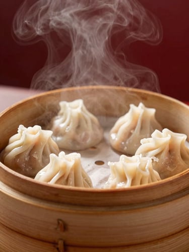 Close-up of steaming hot dimsum in a bamboo steamer, warm natural side lighting, vapor rising, rich red background tones, macro depth of field