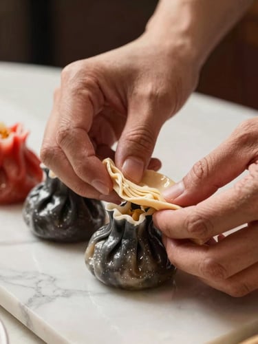 Hands wrapping fresh dimsum with premium tofu skin on a clean marble counter, dramatic side lighting, focus on texture, warm appetizing food photography