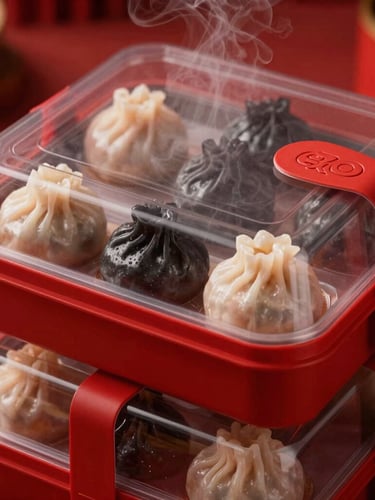 Close-up of clean, professional frozen dimsum packaging stacked neatly, minimal modern design, red accents, warm lighting