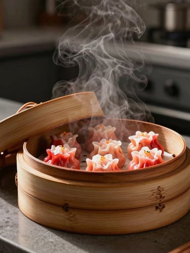 A warm, inviting scene of a modern kitchen counter with a steaming bamboo steamer open, showing fresh, plump dimsum, dramatic side lighting