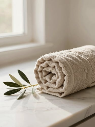 Close up of a rolled linen towel next to a small olive branch on a polished marble surface, warm morning light