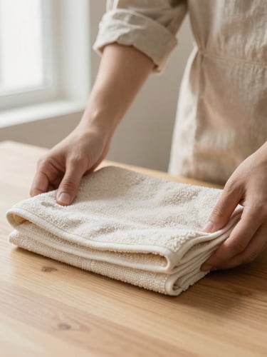 Close-up of hands in a neat linen uniform placing a folded organic cotton towel on a light oak table, soft morning light, warm editorial photography, 35mm lens