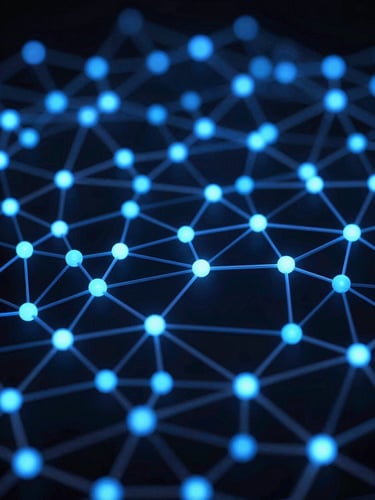 Abstract glowing network nodes, deep obsidian and electric blue tones, moody low-key studio lighting, wide environmental shot