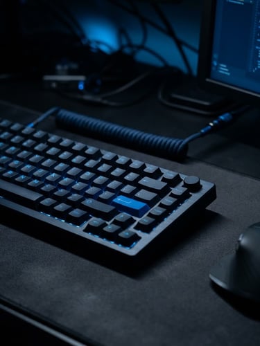 Clean minimalist developer workspace, low-key dramatic studio lighting, electric blue ambient glow, sharp macro lens