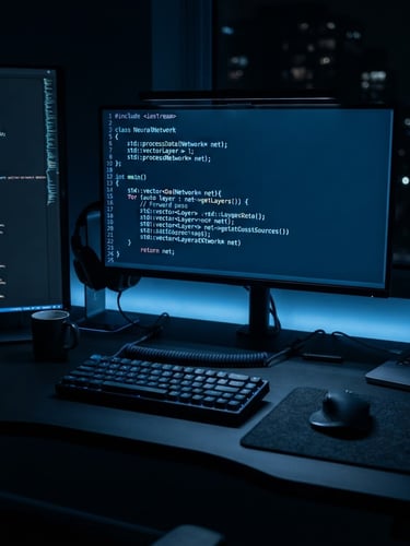 Modern, minimalist developer workspace with multiple screens displaying clean code, cool blue ambient light, sharp macro lens, deep obsidian tones.