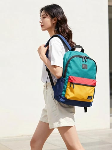 Dynamic medium shot of a stylish woman on the move in a bright urban setting, carrying a vibrant color-blocked backpack, high-key product photography, crisp natural daylight, sharp focus, 35mm.
