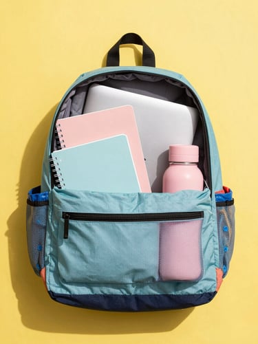 Top-down flat lay of an open colorful backpack on a bright yellow backdrop, showing neatly organized pastel notebooks, a laptop, and a pink water bottle inside the pockets, crisp natural daylight, sharp focus, 35mm