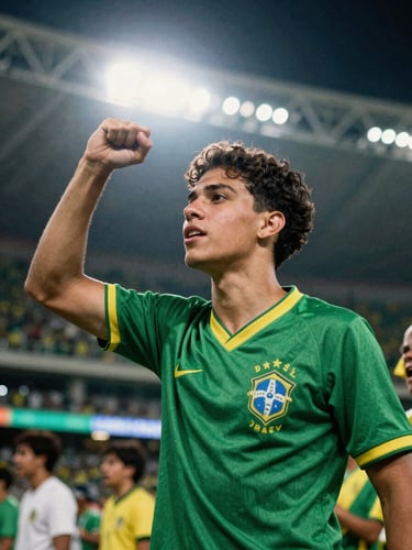 Dynamic sports photography of a young Brazilian fan cheering in a stadium wearing a green football jersey, dramatic floodlights, raw film grain